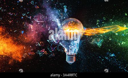 Light bulb exploding with colorful powder and glass shards on black background Stock Photo
