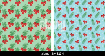 Pine twigs Red Ribbon Bow Snowflakes Christmas New Year Bouquet Composition on trendy soft blue Set. Isolated Vector illustration Greeting Cards Wallpaper Wrapping or web promo banner, poster leaflet Stock Vector