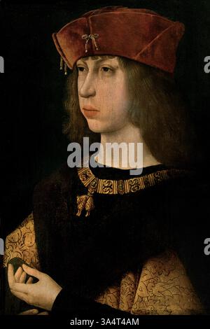 Portrait of Philip the Handsome, Archduke of Austria King of Castile 1478 -1506 Master Of The Magdalen Legend  Jacques van Lathem .French, Louvre France Philip the Handsome (1478-1506) was a Habsburg ruler known for his physical attractiveness and his role in establishing the Habsburg dynasty in Spain. He was the son of Holy Roman Emperor Maximilian I and Mary of Burgundy, and he married Joanna the Mad, daughter of the Spanish Catholic Monarchs. Philip briefly served as King of Castile before his death, and his reign marked a significant step in the Habsburg expansion into Spain. Stock Photo