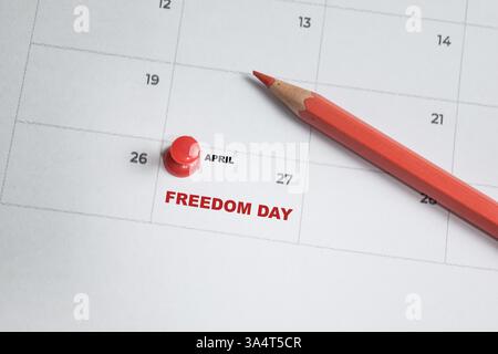 April 27. writing text Freedom day on calendar date. Save the date. Important date. Holiday day of the year concept Stock Photo
