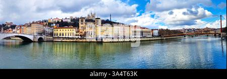 France travel destination and beautiful places. Lyon, urban scenery of old town . panorama with bridges across Rhone river in downtown Stock Photo