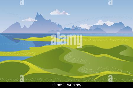 Summer landscape with mountains, valley and hills. Vector illustration Stock Vector