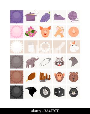 Card for studying purple, pink, white, gray, brown and black colors. Kids educational game. Vector illustration Stock Vector