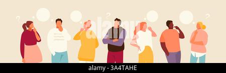Group of cartoon thoughtful people. Problem solving and choice. Vector modern illustration. Stock Vector