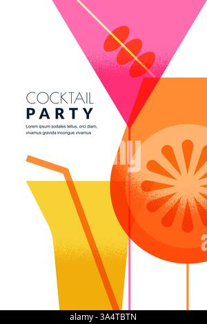 Vertical poster, banner, party invitation background with colorful cocktails. Vector flat illustration. Abstract geometric design for alcoholic drinks Stock Vector