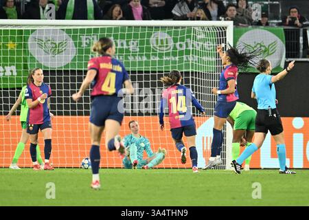 Barcelona's Salma Paralluelo, 3rd right, celebrates after scoring her