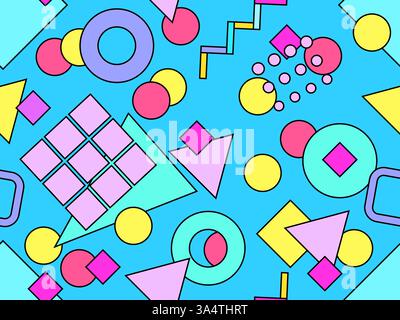 Seamless pattern with colorful geometric shapes with a black outline. Geometric pattern with Memphis elements in 80s style Stock Vector