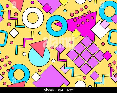 Seamless pattern with colorful geometric shapes with a black outline. Geometric pattern with Memphis elements in 80s style Stock Vector