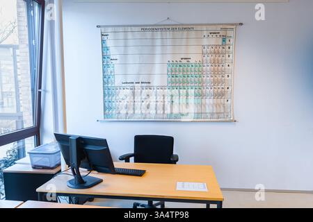 Map showing the chemistry system of elements above a desk in a high school chemistry classroom. Stock Photo