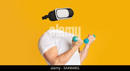 User interacts with virtual reality technology while exercising with weights Stock Photo