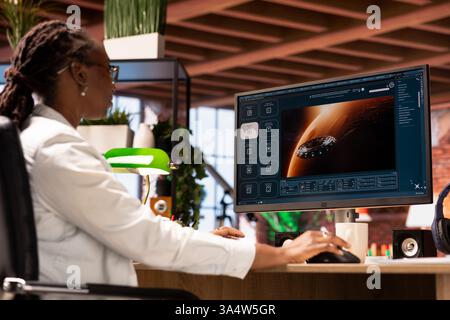 Woman at home using generative artificial intelligence website generating videos using diffusion models. Person in apartment office using AI virtual assistant producing clips Stock Photo