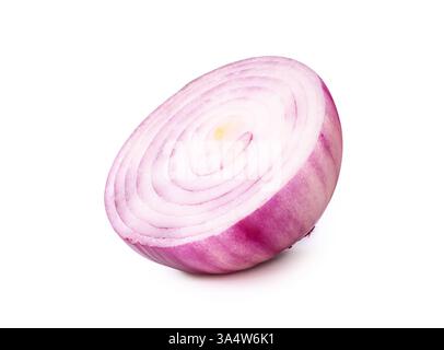 Side view of fresh red or purple onion bulb in half or slice in circle shape is isolated on white background with clipping path. Stock Photo