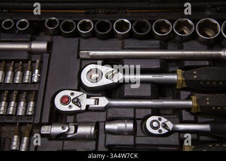 Background with car tool set with ratchets and sockets Stock Photo