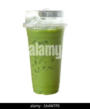 Cold drink of iced matcha latte green tea with condensed milk in transparent plastic drinking glass is isolated on white background with clipping path Stock Photo