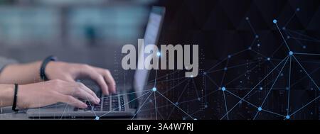 Unrecognizable man touching laptop computer keyboard, cropped Stock Photo