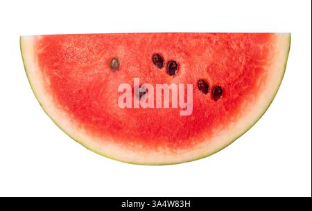 Front view of fresh red watermelon fruit in slice or quarter is isolated on white background with clipping path. Stock Photo