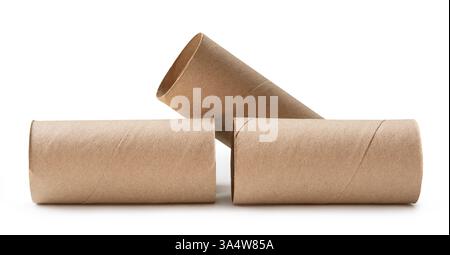 Side view of tissue paper cores or toilet paper tubes in stack after used out in toilet or restroom is isolated on white background with clipping path Stock Photo