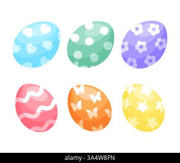 Vibrant Easter egg set with patterns like hearts, stars, and butterflies, great for holiday decor Stock Vector
