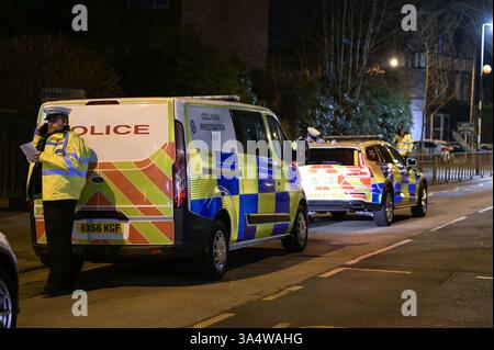 Yardley Road, Acocks Green, Birmingham 19th March 2025: West Midlands Police and the Independent Office for Police Conduct (IOPC) investigate a fatal collision between a police car and a pedestrian. The pedestrian, a 40-year-old man, died at the scene. WEST MIDS POLICE STATEMENT: 'A man has sadly died after a collision involving a police car and a pedestrian in Birmingham tonight. 'It happened on Yardley Road, near the junction with Florence Road in Acocks Green, just before 7pm. 'The pedestrian, a man aged 40, was pronounced dead at the scene. 'The marked police vehicle was responding to a 99 Stock Photo