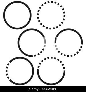 Dashed circle icons. Incomplete round shapes. Black abstract graphics. Vector minimal elements. Stock Vector