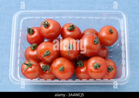 cherry tomatoes in a clear plastic container on table Stock Photo