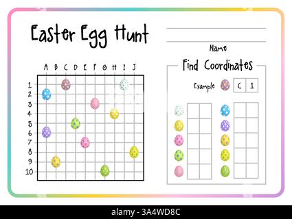 Track Easter Eggs by Coordinates. Printable Worksheet Stock Vector