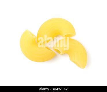 Three pieces of raw horns pasta isolated on white Stock Photo
