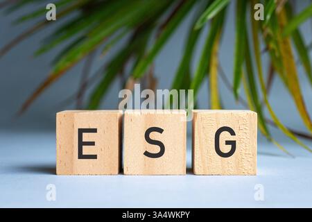 ESG word on wooden blocks line up in a row, green plants background. Stock Photo