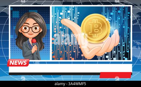 Vector illustration of a news anchor reporting on cryptocurrency, featuring a digital Bitcoin and futuristic background elements Stock Vector
