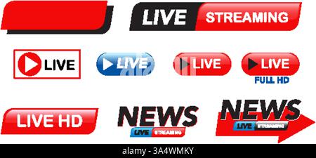 A collection of vibrant live streaming buttons in red and blue, ideal for digital media and broadcasting designs Stock Vector