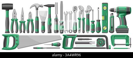 Vector set of Carpenter Tools, horizontal banner with group of cut out illustrations variety rubber and steel carpenter tools, collection of various i Stock Vector