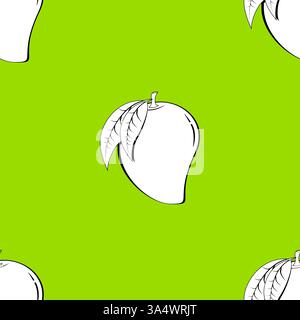 2d line art mango fruit shape contour abstract seamless pattern on light green background wallpaper. Stock Vector