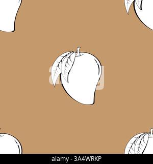 2d line art mango fruit shape contour abstract seamless pattern on brown background wallpaper. Stock Vector
