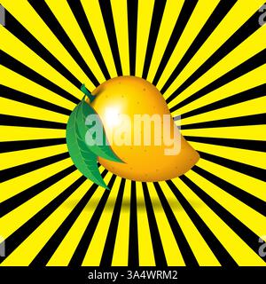 3d mango fruit shape contour abstract seamless pattern on yellow sunburst background wallpaper. Stock Vector