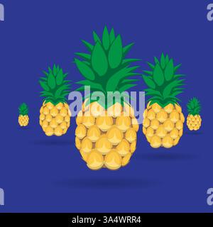 3d colorfull Pineapples fruit contour abstract seamless pattern on blue  background wallpaper. Stock Vector