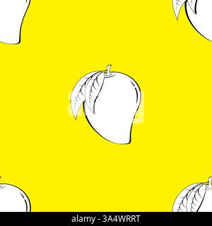 2d line art mango fruit shape contour abstract seamless pattern on yellow background wallpaper. Stock Vector