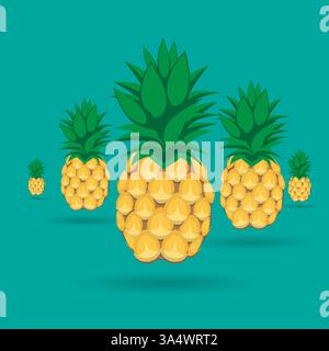 Pineapples fruit contour abstract seamless pattern on sea green shiny reflective background for wallpaper, pattern, web, blog, surface, textures Stock Vector