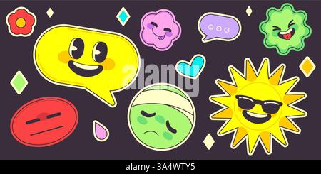 Retro emoji stickers set isolated on black background. Vector cartoon illustration of smiling speech bubble, flower, sun, sad and angry emoticons, bright color y2k smiley faces for retro social media Stock Vector