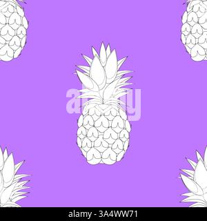 2d lined Pineapples fruit contour abstract seamless pattern on purple background wallpaper Stock Vector