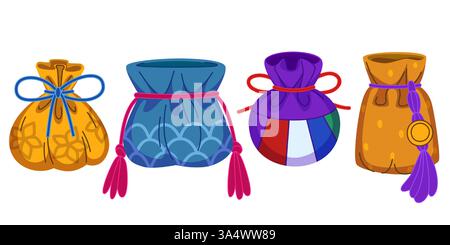 Chinese lucky bags set isolated on white background. Vector cartoon illustration of traditional asian sacks decorated with golden coin and color ropes, New Year festive symbol of wealth, money pocket Stock Vector