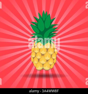3d colorfull Pineapples fruit contour abstract seamless pattern on red sunburst background wallpaper. Stock Vector