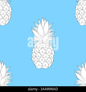 2d lined Pineapples fruit contour abstract seamless pattern on light sky blue background wallpaper Stock Vector