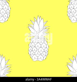 2d lined Pineapples fruit contour abstract seamless pattern on yellow  background wallpaper Stock Vector