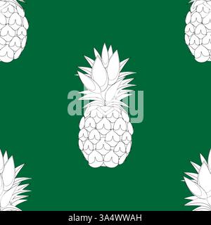 2d lined Pineapples fruit contour abstract seamless pattern on green  background wallpaper Stock Vector