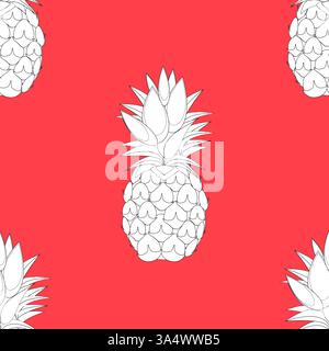 2d lined Pineapples fruit contour abstract seamless pattern on red  background wallpaper Stock Vector