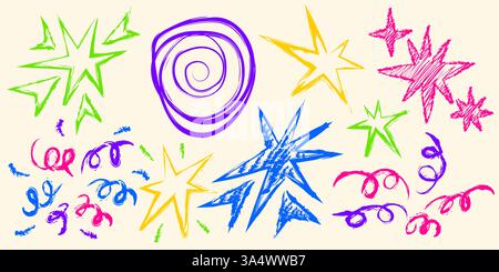 Crayon firework doodles set isolated on background. Vector cartoon illustration of hand drawn color stars, spiral and circle lines, arrows, swirls, kids scribbles on wall, birthday party banner design Stock Vector