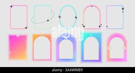 Y2k gradient frame set - rectangular backgrounds, arched window shapes in pastel colors. Pink, purple, blue hues with glowing auras and sparkles. Trendy retro borders. Aesthetic abstract elements. Stock Vector