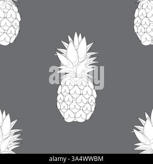2d lined Pineapples fruit contour abstract seamless pattern on grey  background wallpaper Stock Vector