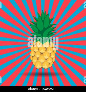 3d colorfull Pineapples fruit contour abstract seamless pattern on red & blue sunburst background wallpaper. Stock Vector