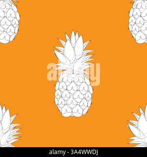 2d lined Pineapples fruit contour abstract seamless pattern on orange  background wallpaper Stock Vector